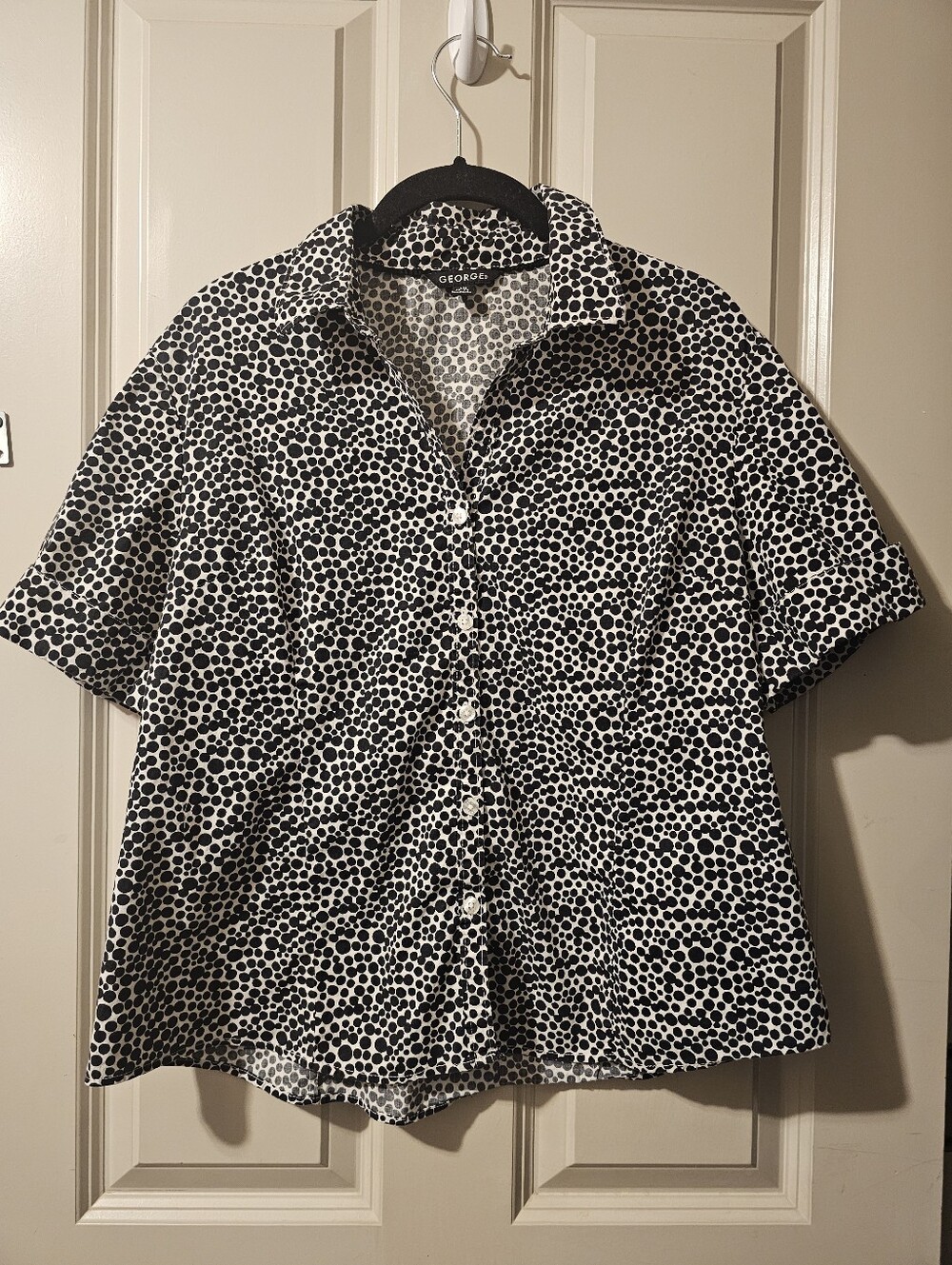 George Black and White Polka Dot Short Sleeve Shirt L